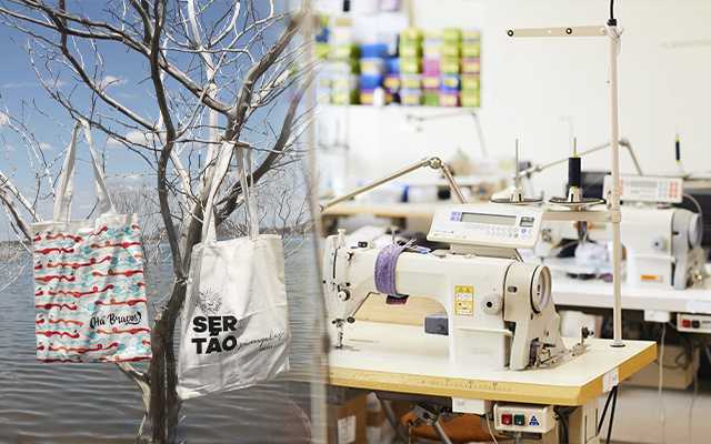 À esquerda, uma árvore sem folhas em frente a um rio com sacolas do Gretas penduradas. À direita, um ateliê de costura com máquinas e materias de costura.
